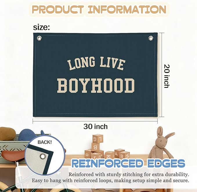 Long Live Boyhood Boy Room Decor Wall Art, Nursery Playroom Linen Banner Print Decor for Bedroom Living Room Dorm Toddler Decorations Teen Boy Room Decor 30X20 Inch
