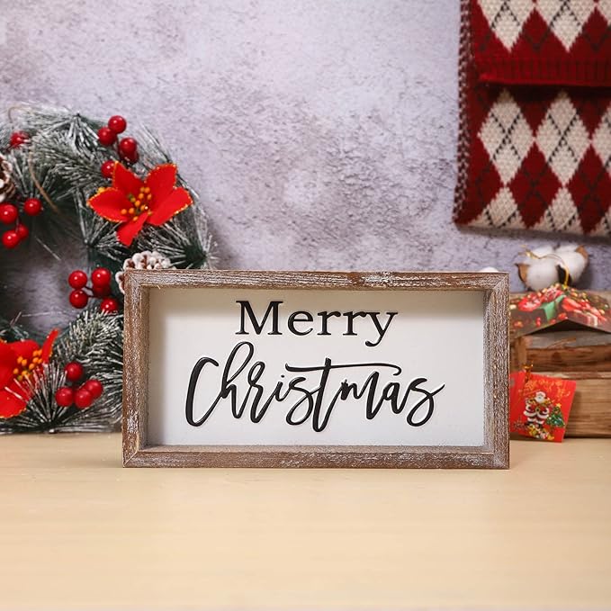Christmas Tiered Tray Decor, Merry Christmas Block Sign Embossed Metal With Wood Frame, Rustic Farmhouse Winter Decoration for Shelf, Mantel, Home Decor