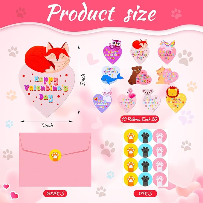Yexiya 200 Pcs Mini Valentine's Day Cards Assortment Bulk Classroom Exchange for Kids Greeting Animal Box Foldable Love Heart Greeting Cards with Envelopes and Stickers