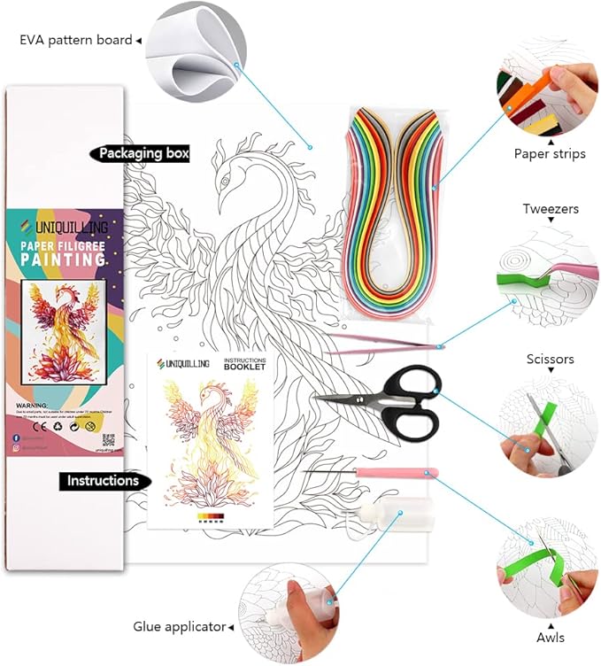 Uniquilling Quilling Kit, Paper Quilling Kits, 16 * 20-in Phoenix Paper Filigree Kits with Quilling Tools& Using Manual, DIY Quilling Artwork Modern Wall Art for Living Room