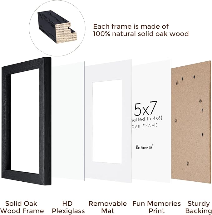 5x7 Picture Frame, Solid Oak Wood 5 x 7 Frame with Plexiglass, 5 by 7 Photo Frame for Wall & Tabletop Display, 5x7 Picture Frame Matted to 4x6, Black Color, 3 Pack
