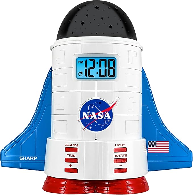 Sharp NASA Space Shuttle Night Light Alarm Clock – Wings and Booster Lights Up – Space Design Nightlight Fun with 4 Color Options and 2 Space Themes for Bedroom, Great Gift!