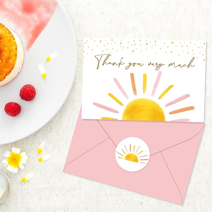 Whaline 30 Packs Baby Shower Thank You Cards Greeting Card Pink Boho Sun Sunshine Blank Note Cards with Envelopes and Stickers for Birthday Holiday Baby Shower, 4 x 6 Inch