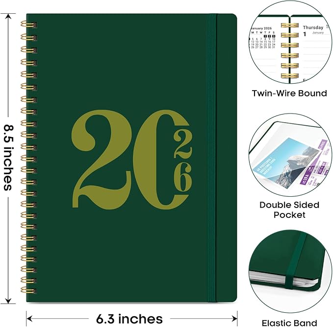 2026 Planner, Monthly and Weekly Calendar Planner for Women, Jan 2026 - Dec 2026, Hardcover Pretty 2026 Agenda Planner Book with Tabs, Spiral Bound, Perfect for School Office Home Supplies, 6.3" x 8.5" - Dark Green