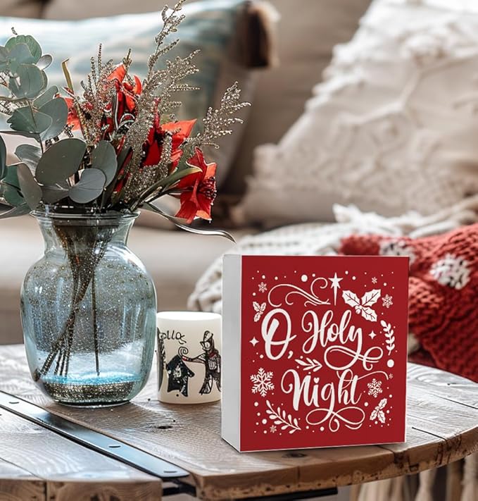 O Holy Night Christian Christmas Wooden Box Sign, Desk Decor, Farmhouse Red Xmas Wood Signs for Home Office Table Shelf Decoration, 5x5 Inch