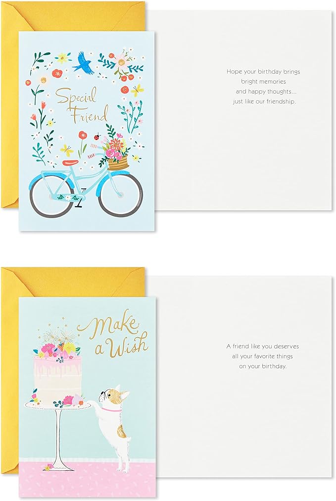 Hallmark Birthday Cards Assortment, 16 Cards with Envelopes (Bicycle, Cactus, French Bulldog, Ice Cream)