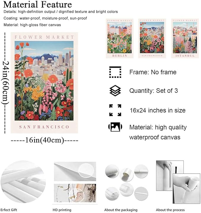 XLARTMY Flower Market Wall Art Prints Canvas Orange and Pink Floral Paintings Colorful Botanical Travel Flower Posters for Home Decor Pictures Set of 3 for Living Room Bedroom 16x24in Unframed