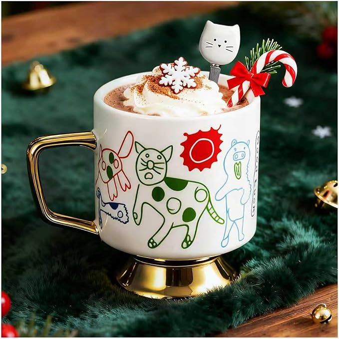 Christmas Mugs Whimsical Animal Ceramic fun Coffee Mug – 14oz Childlike Hand-Drawn Cat, Dog & Bear Design – Cute gothic Coffee Cup Gift for Women, Girls, Kids (white)