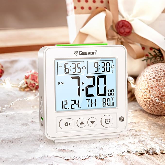 Geevon Smart Night Light Small Digital Alarm Clock with 2 Increasing Beep Alarm, Indoor Temperature, Battery Operated Travel Clock for Bedroom, Bedside, Desk(White)