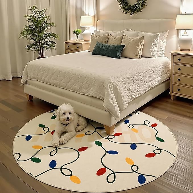 jinchan Jingle Lights Round Christmas Rug for Living Room 5ft Beige Circle Holiday Rug for Bedroom 5' Colored String Lights Printed Xmas Decor Washable Indoor Carpet for Dining Room Foyer Non-Slip