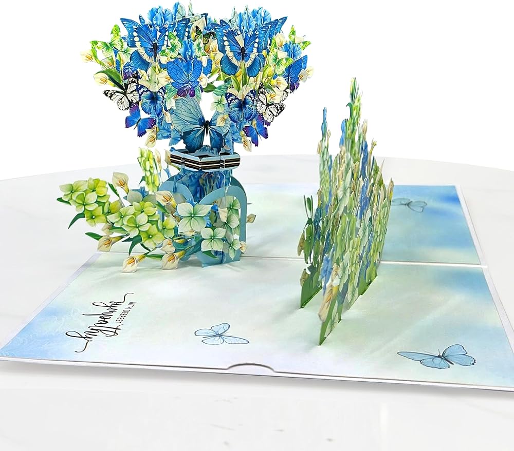 Sympathy 3D Pop-Up Card Hydrangea Flowers and Butterflies, Handmade Paper Condolence Card with Notecard and Envelope, Large Pop Up Greeting Card for Loss of Loved One, Mother, Father, Friend