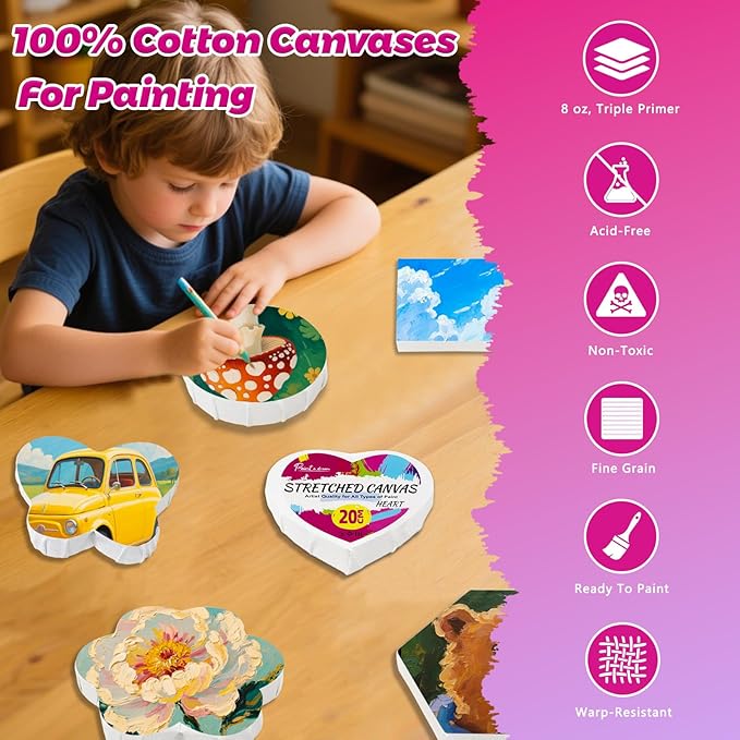 24 Packs 20cm Stretched Canvases for Painting, Various Shapes Square, Plum Blossom, Heart Shape, Circular, Butterfly, Hexagonal, Primed Blank Canvas for Oil, Acrylic Paint & Other Painting Media