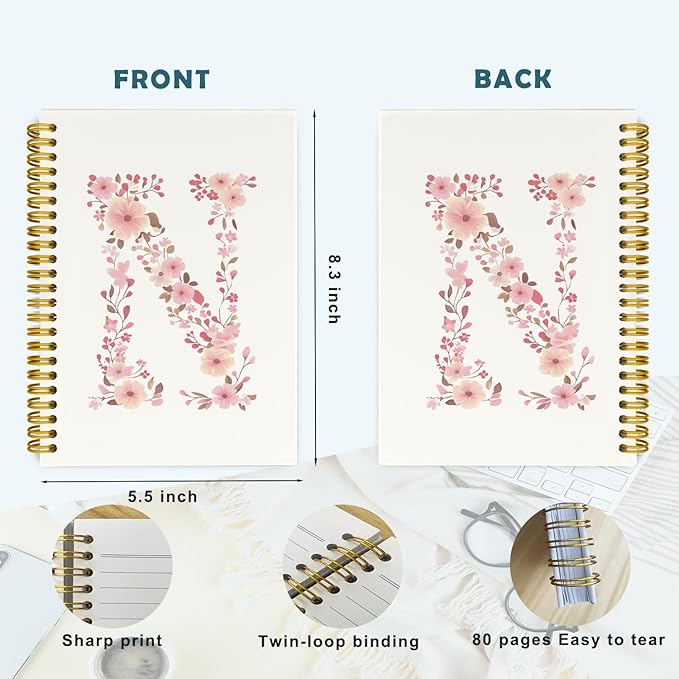 Pink Cute Spiral Notebook Journal, Preppy Floral Initial Letter N Personalized Journaling Notebooks, Monogrammed Gifts for Women Girls, Botanical Hardcover Spiral Lined Notebook 5.5 x 8.3