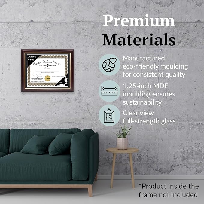 Creative Picture Frames 14x18 Mahogany Gold Rim Diploma Frame with Black Mat Glass and Installed Wall Hangers | Frame Holds 16x20 Media without Mat