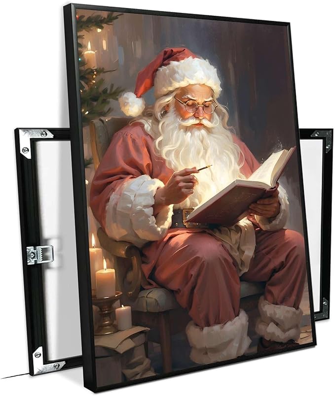 Framed Canvas Wall Art Vintage Christmas Wall Art Santa Writing Book Oil Painting Cottagecore Decor Academia Christmas Decor Winter Print 20x30in Metal blackFramed