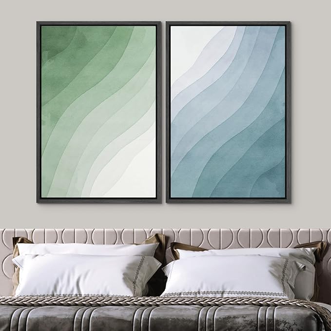 SIGNWIN Framed Canvas Print Wall Art Set Pastel Watercolor Green Blue Wave Collage Abstract Shapes Illustrations Modern Art Minimal Boho Colorful for Living Room, Bedroom, Office - 16"x24"x2 Black