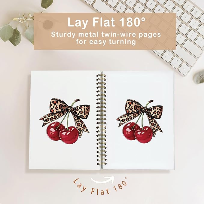 Leopard Bow Cherry Notebook Journal,Trendy Coquette Aesthetic School Supplies for Girls,Preppy Spiral Planner for Girls & Women,Cute Notebooks for Women, 5.5x8.3 Inch