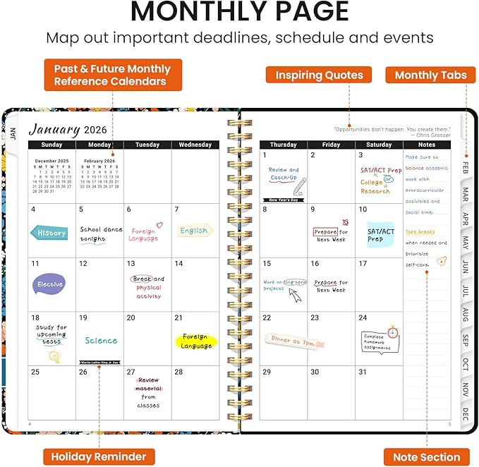 2026 Planner, Weekly and Monthly Calendar Planner for Women, Jan 2026 - Dec 2026, Hardcover Planning Agenda book with Tabs, Spiral Bound, Inner Pocket, Perfect for School Office Supplies, 6.3" x 8.5" - Colorful Blossoms