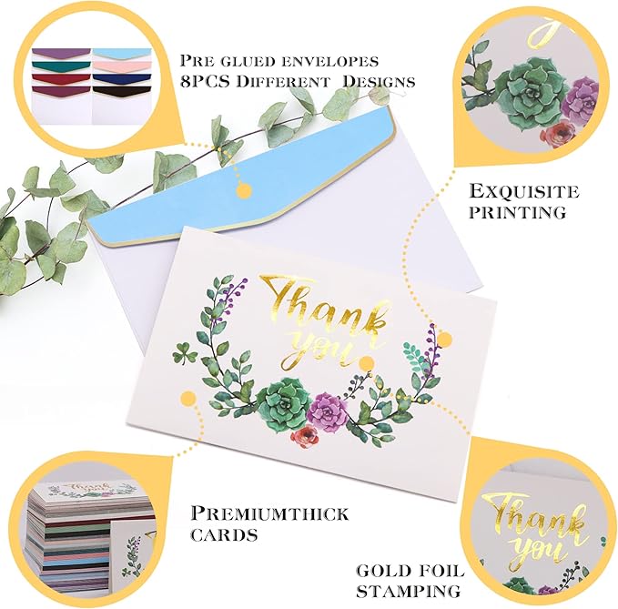 ACELION (96Pack) Thank You Card Set Gold Foil Printed with Envelope - Includes Stickers, Great for Weddings, Birthday Parties, Baby Showers, Graduation
