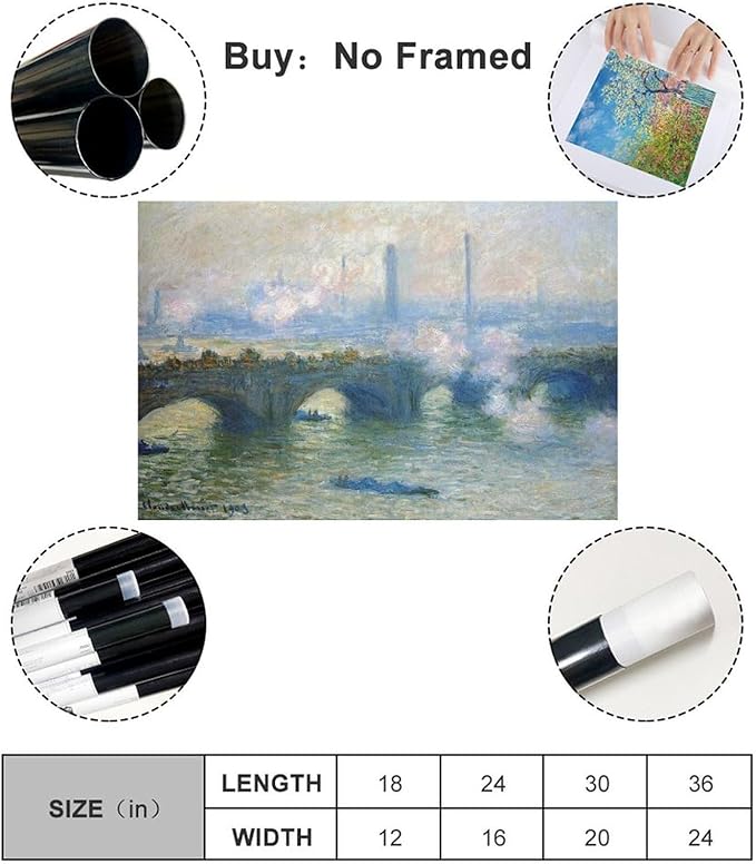 CFIOZYOS 40+ Monet Famous Print Posters Waterloo Bridge, London by Claude Monet Impressionism Poster for Teen Boys Room Wall Art Canvas Painting Print Unframe 20×30inch(50×75cm)