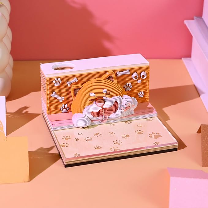 3D Calendar 2026, Cute Dog Time Piece Calendar 2026, Daily Tear-Off Memo Pad with LED Glow, Paper Carving Desktop Decoration, Unique Holiday & New Year Paper Craft Gift