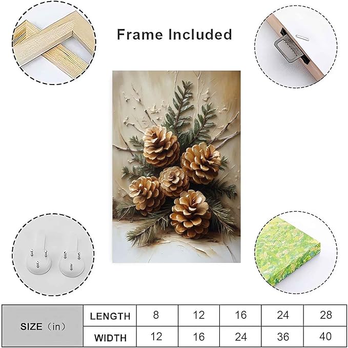 Vintage Christmas Canvas Painting Rustic Nature Print Forest Canvas Wall Art Botanical Wall Decor Brown Green Painting Poster Indoor Decor for Home Offices Living Room Bedroom Framed Ready to Hang