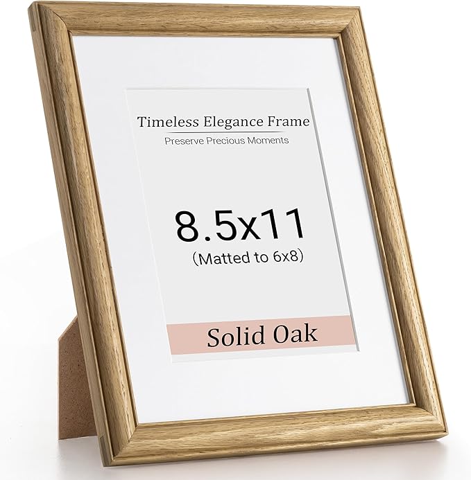 Heimlove 8.5x11 Picture Frame,8.5 x 11 Solid White Oak Photo Frame Matted to 6x8 with Tempered Glass,8.5"x11" Handcrafted Diploma Document Frames Frame Vertical or Horizontal Wall Hanging Display,1 Pack