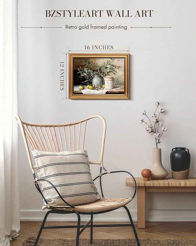 Bzstyleart Vintage Wall Art Decor for Living Room,Gold Framed Canvas Wall Art Home Decor Aesthetic,Lemon Pottery Jar Artwork Prints,Canvas Picture Print Artwork,12 x 16 Inch