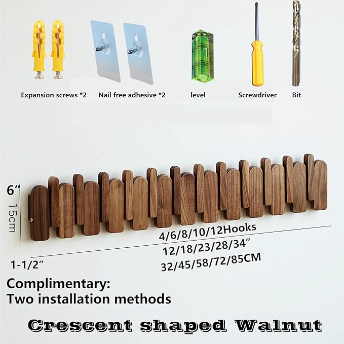 Wall Mounted Piano Key Hanger | Flip Style Hook | Entrance Wall Art Hook, Made of Oak Wood (3 Times Painted, 4 Times Polished) (Arc Walnut, 6Hooks)