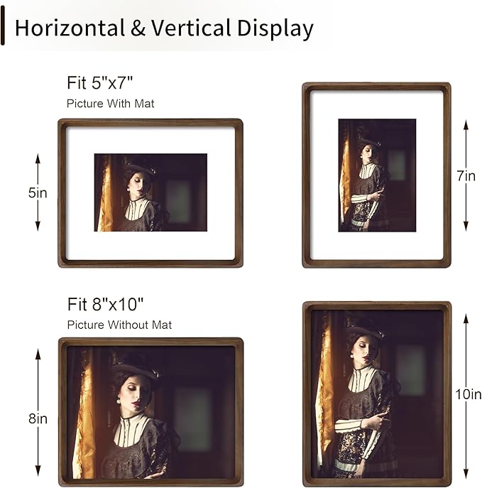 8x10 Picture Frame Natural Walnut Wood with Mat for 5x7, Original Natural Solid Wood 8 by 10 Photo Frames with Tempered Glass Cover for Wall and Tabletop Display