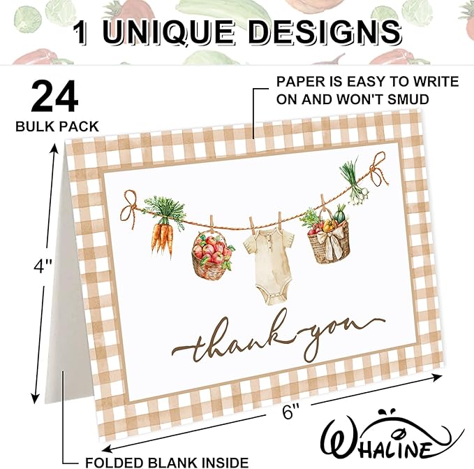 Whaline 24 Pack Baby Shower Thank You Cards Brown Plaid Vegetable Greeting Cards with Envelopes Stickers Cute Blank Note Card for Party Supplies, 4 x 6 Inch