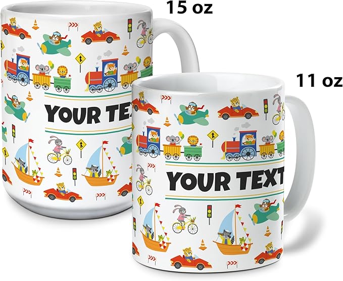 Personalized Mug for Kids - Vehicles - Custom Name/Text, Ceramic Hot Chocolate/Cocoa/Coffee Cup for Boys, Birthday/Christmas/Holiday Gift - 15 oz, Pink Handle