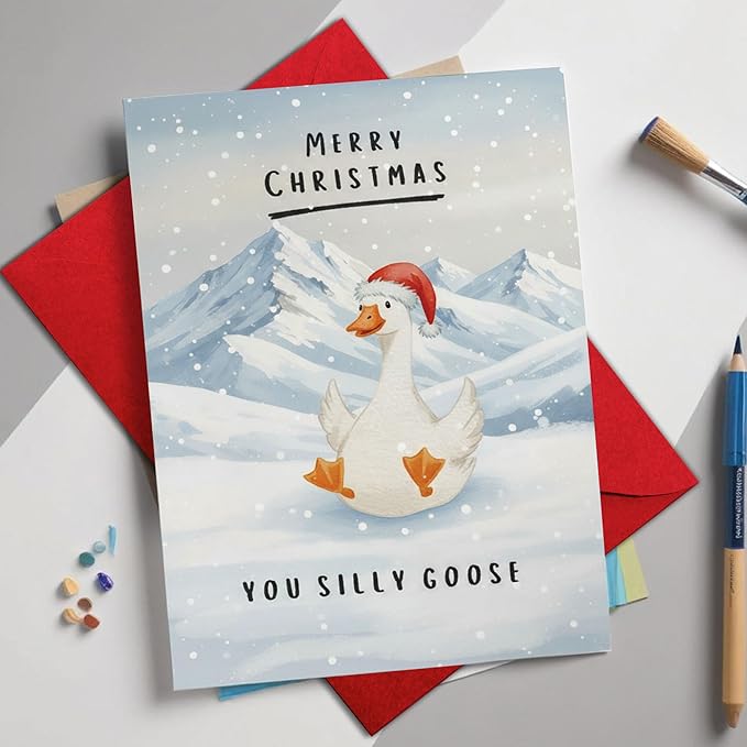 (5.3x8in) Merry Christmas You Silly Goose Card with Envelope, Funny Holiday Greeting Featuring Cute Goose in Snow, Whimsical Animal Christmas Card for Friends, Family, Coworkers (Xmas 34)