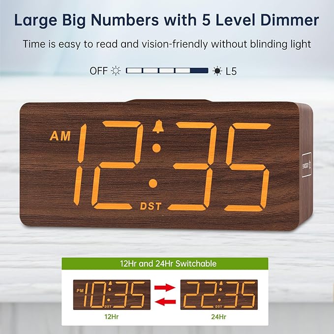 DreamSky Wooden Digital Alarm Clock with Wireless Charging for Bedroom, Bedside Nightstand Clock with Charger Station, USB Port, Large Numbers, Adjustable Volume, Brightness Dimmer, DST