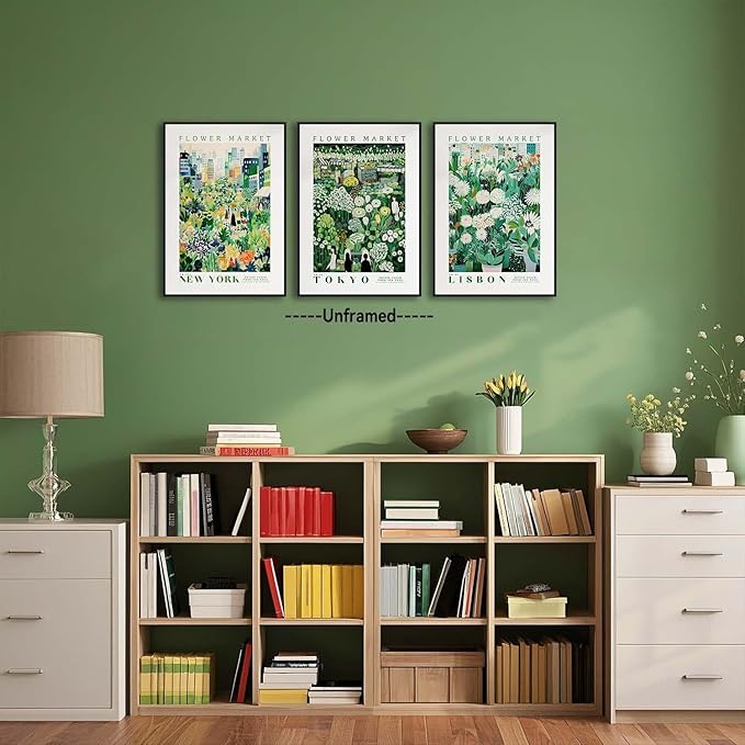 XLARTMY Flower Market Wall Art Prints Canvas Green Yellow White Floral Paintings Colorful Botanical Travel Flower Posters for Home Decor Pictures Set of 3 for Living Room Bedroom 16x24in Unframed