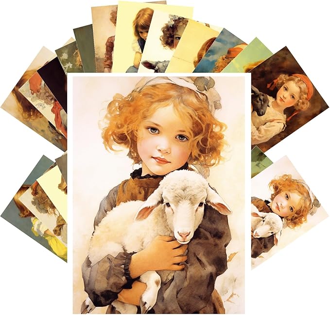 Vintage Postcards (24pcs 4"x6") Pastoral Innocence: A Nostalgic Collection of Vintage Postcards Featuring Young Girls Embracing Farm Animals, Symbolizing the Pure Bond Between Nature and Childhood