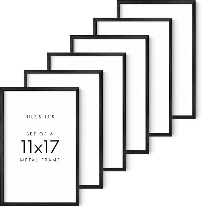 HAUS AND HUES 11x17 Black Metal Picture Frames - Features Premium Aluminum, Vertical & Horizontal Hang, Shatterproof Plexiglass - Perfect for Home, Room, Office (11x17 in, Black, Set of 6)
