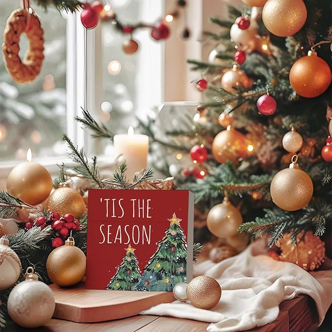 Christmas Decorations, The Season Christmas Trees Wooden Box Sign, Merry Christmas Sign, Christmas Decorations Indoor, Farmhouse Rustic Wood Block Plaque for Home Desk Bedroom Decor 5x5