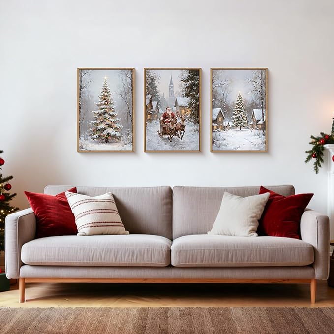 HPNIUB Happy Christmas Framed Wall Art Set, Elk Santa Claus Wall Decor, Winter Snowy Landscape Nature Painting, Neutral Christmas Scene Art Prints for Xmas Festival Fireplace Decor-24x 36 x3