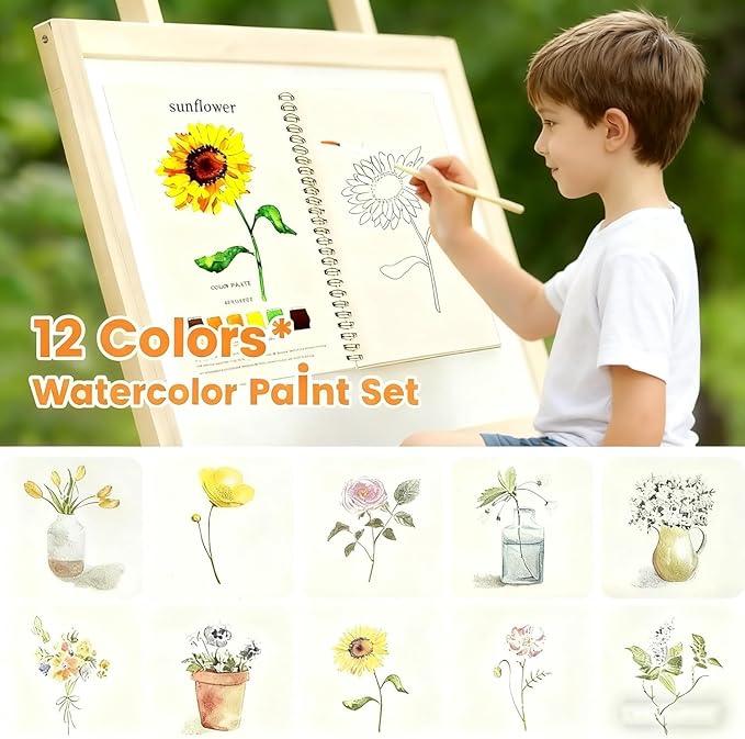 Beginner Watercolor Painting Kit – 12 Colors Paint Set with Brush, Animal-Themed Art Supplies for Adults & Teens (Flower)