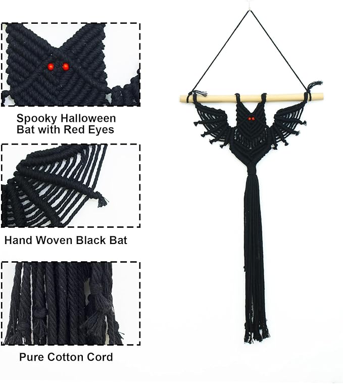 LB 2 Pcs Halloween Black Macrame Wall Hanging, Spooky Macrame Wall Art Black Bats Home Decor Gothic Horror Bat Design Woven Tapestry for Living Room Halloween Party Supplies Holiday Decor