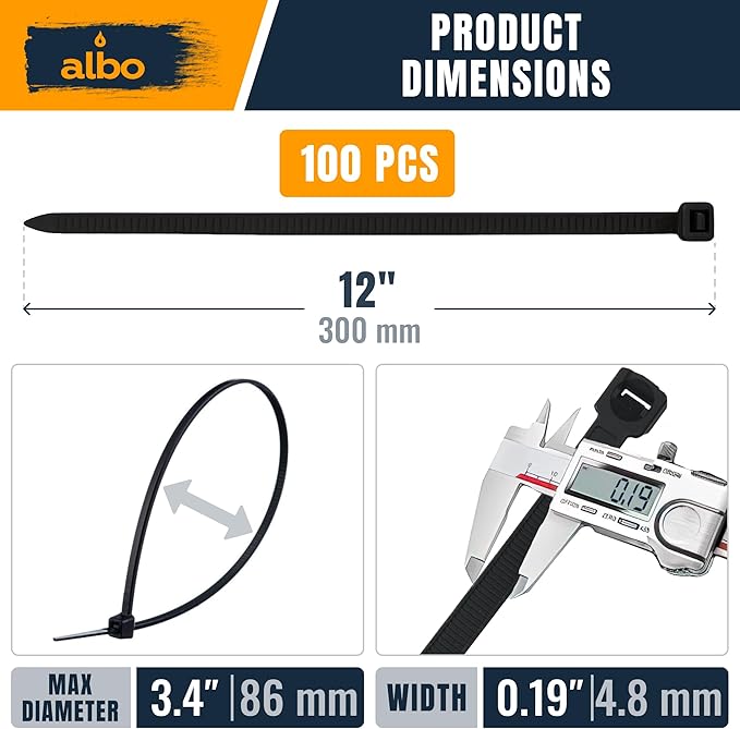 ALBO Black Zip Ties 12 Inch Long Zip Ties Plastic Cable Ties Thick 0.19 Inch 100 Pack Tie Wraps Heavy Duty 50lb UV Resistant Nylon Wire Ties for Indoor and Outdoor