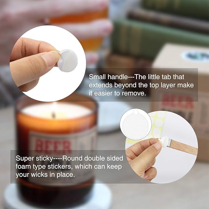120PCS Candle Wicks for Candle Making, Candle Wick Stickers, Heat Resistance Double-Sided Stickers with The Little ‘‘Tail’’, Stickers for Candle Making