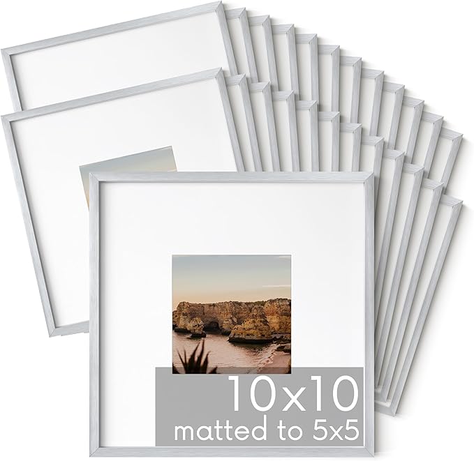 HAUS AND HUES 10x10 Silver Metal Picture Frames Matted to 5x5 - Features Premium Aluminum & Hanging Hardware, Shatterproof Plexiglass - Ideal for Home, Room, Office (10x10 in, Silver, Set of 25)