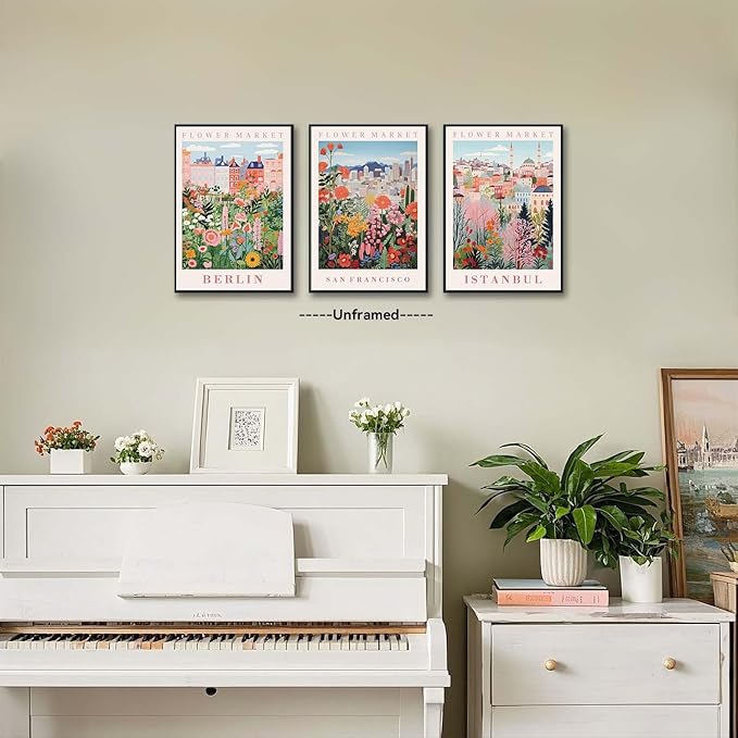 XLARTMY Flower Market Wall Art Prints Canvas Orange and Pink Floral Paintings Colorful Botanical Travel Flower Posters for Home Decor Pictures Set of 3 for Living Room Bedroom 16x24in Unframed