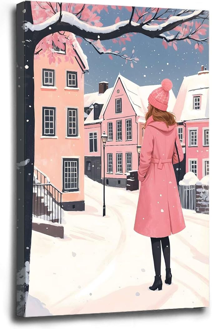 Framed Canvas Wall Art serene winter scene in a quaint village art print Christmas snow cosy winter's day 24x36in Wood Framed