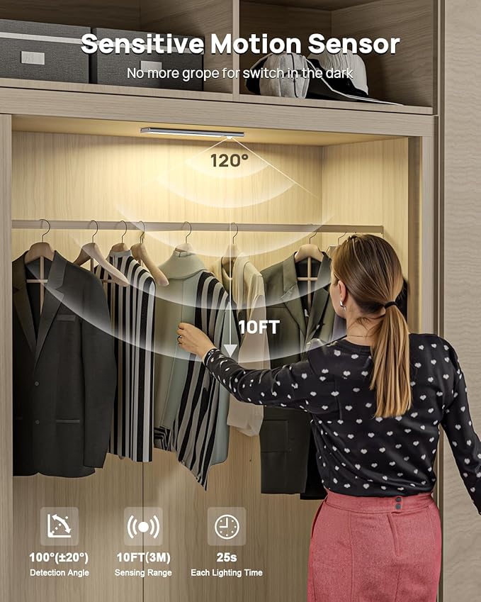 Under Cabinet Lights Wireless,Motion Sensor Light Indoor Closet Lights with Remote Control,3 Color Temps,LED Rechargeable Battery Operated,Under Counter Lights for Kitchen,Wardrobe,Hallway,Stairs