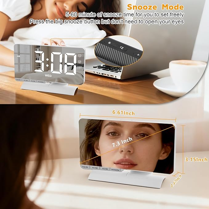 SZELAM Digital Clock,Alarm Clock Bedside,7.3'' Large LED Mirror with Date Display,Dual Alarm with 3 Mode,Brightnee Adjust,DST,Snooze Function,USB C Charging Port,5 Levels Volume for Desk Bedroom Teens