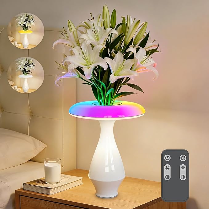 2-in-1 Ceramic Table Lamp, RGB Color-Changing & LED 3000K Bedside Lamp, Modern Vase Lamp for Bedroom, Nightstand, and Office Desk Decor