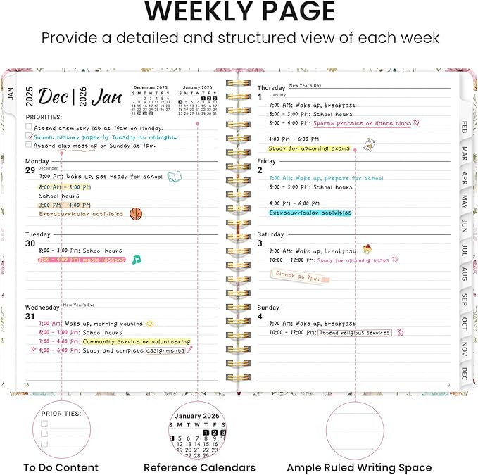 2026 Planner, Weekly and Monthly Calendar Planner for Women, Jan 2026 - Dec 2026, Hardcover Planning Agenda book with Tabs, Spiral Bound, Inner Pocket, Perfect for School Office Supplies, 8.5" x 11" - Wildflowers